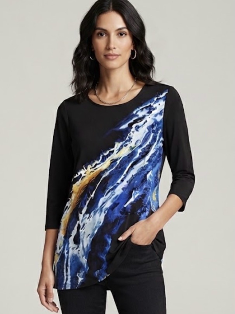 Alfani Black Long-Sleeve Top with Blue and Gold Wave Print